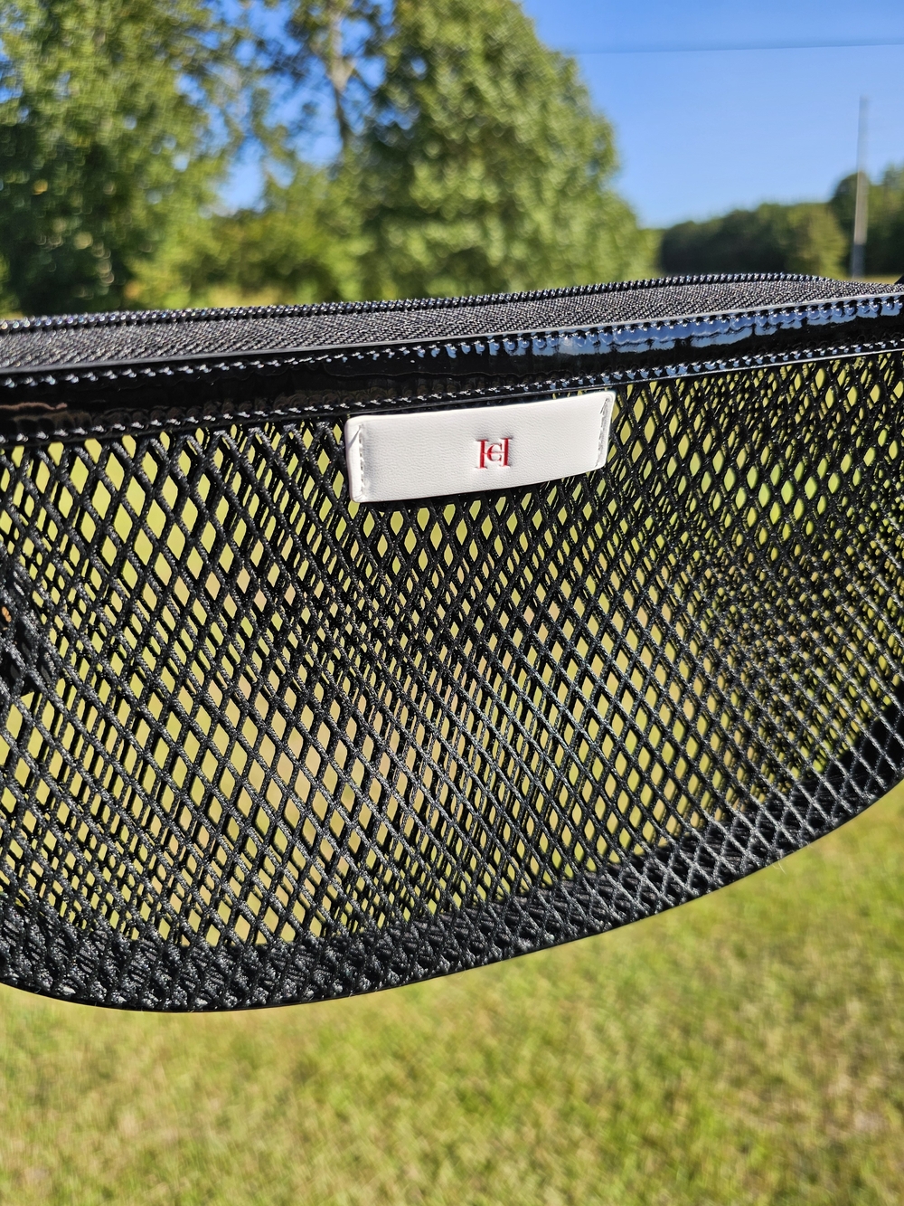 Good Girl Carolina Herrera Black Mesh Crossbody Bag with White Logo Trim
